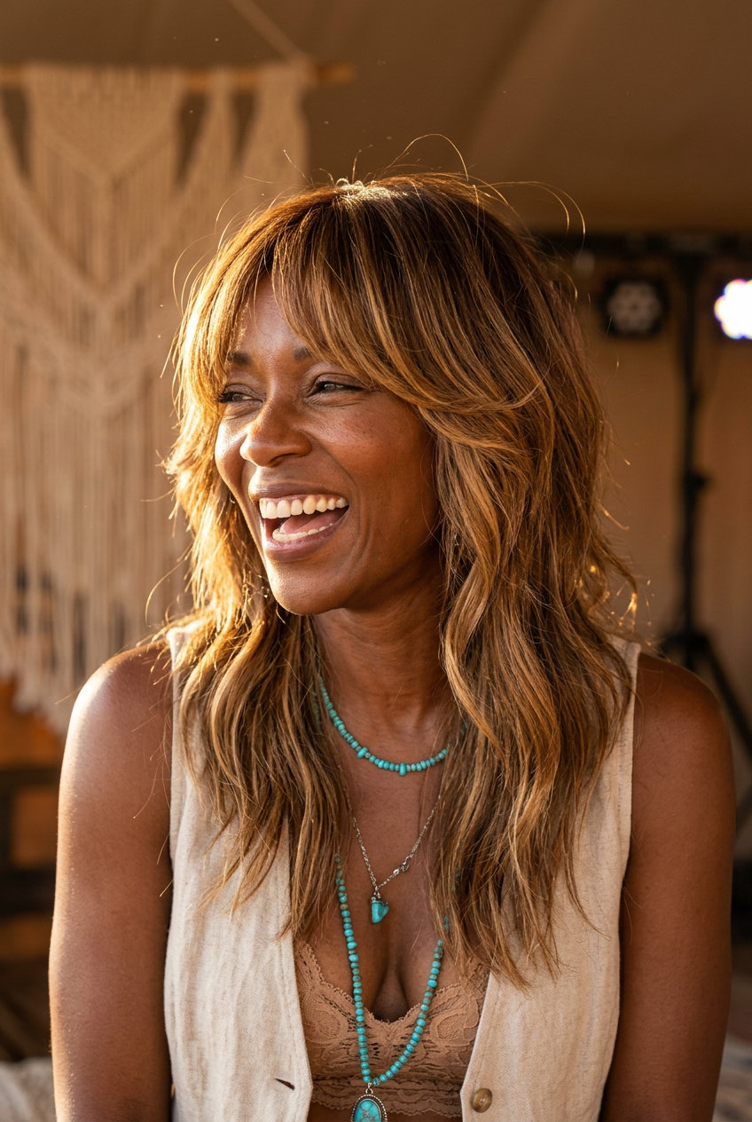 shoulder-length shag haircut with golden honey balayage and curtain bangs for a bohemian look
