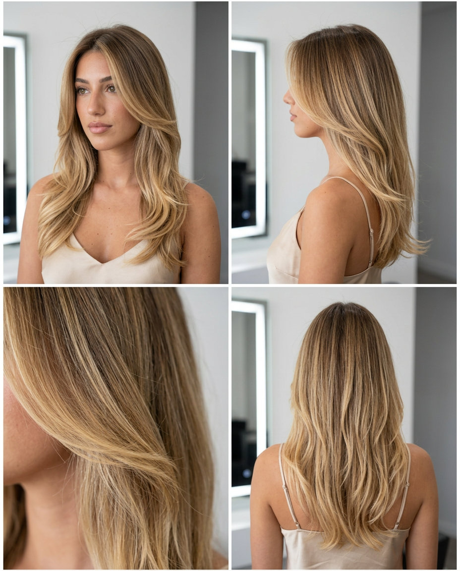 long layered hair ombre with golden blonde, honey, soft caramel, balayage ombre technique for summer