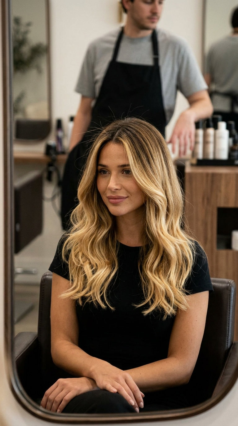 long golden blonde ombré with honey mid-lengths and dark root for summer 2026