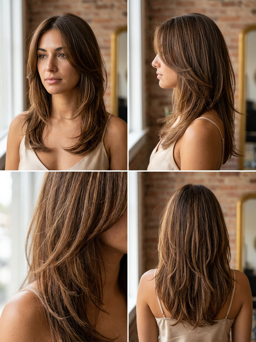 long-medium butterfly haircut in hazelnut brunette with subtle caramel undertones for summer