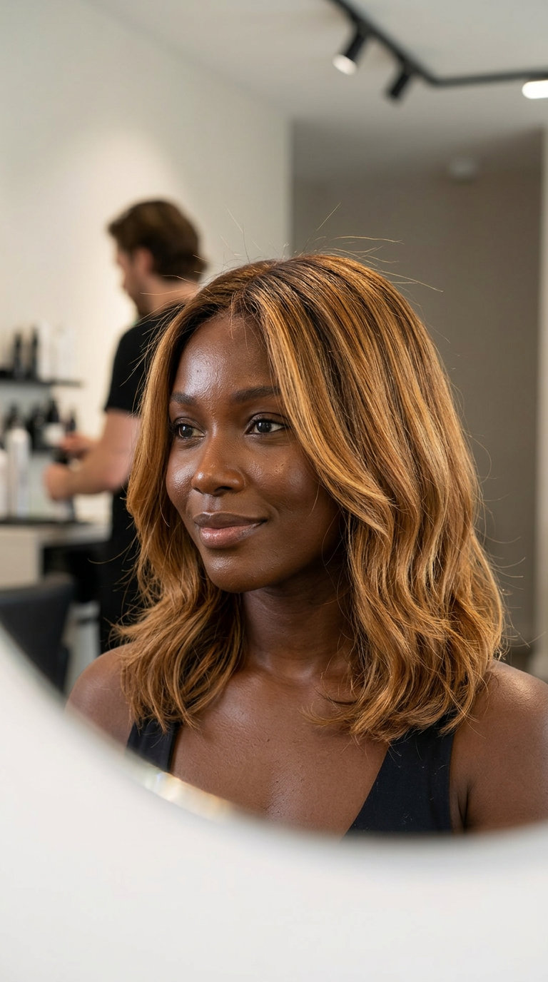 collarbone-length long bob with honey amber balayage and face-framing layers for summer