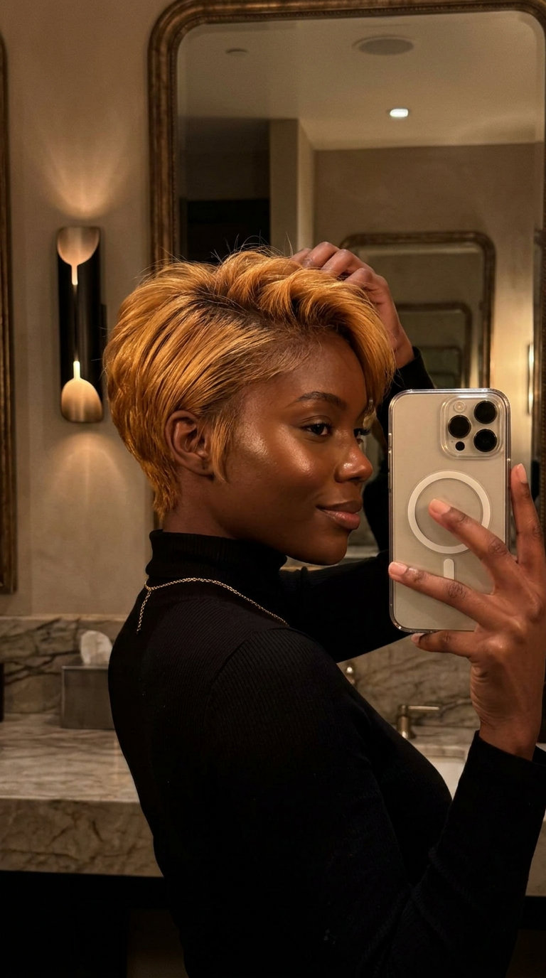 short warm honey amber blonde pixie with caramel root smudge and sculpted texture
