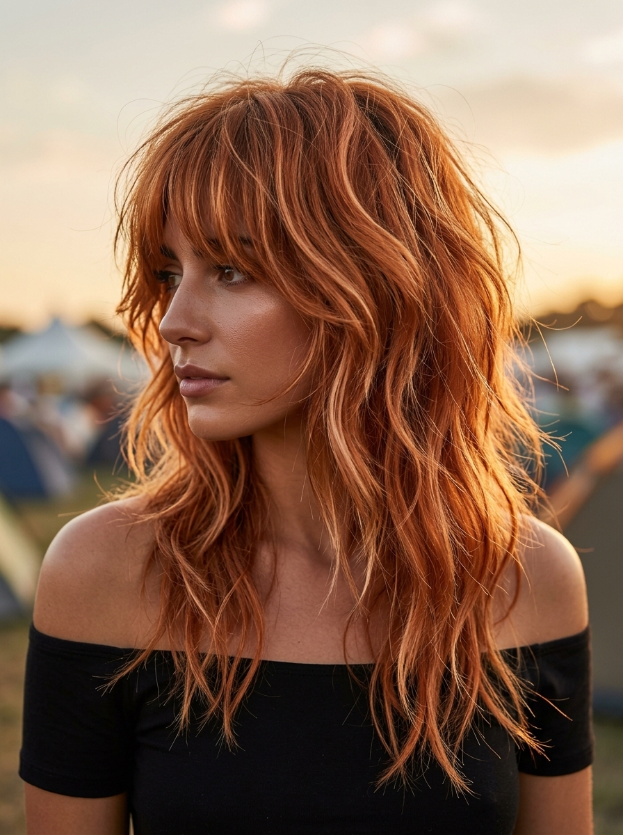 chin-length warm honey blonde bob with wispy curtain bangs, golden babylights for soft look