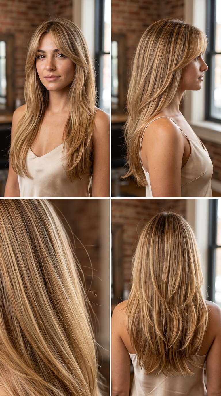long honey blonde balayage with golden highlights, soft layers, sweeping curtain bangs — glamorous