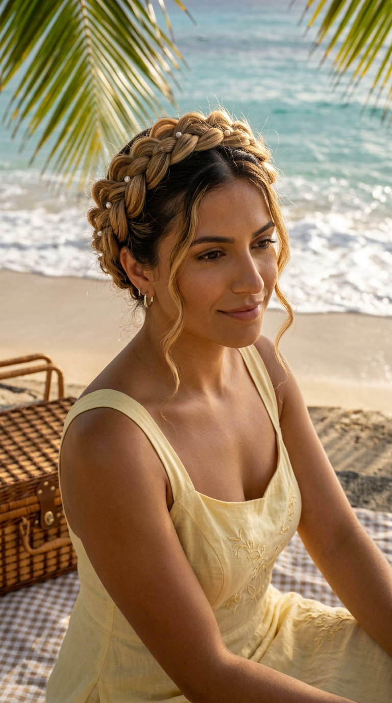 long honey blonde crown braid with Dutch braid technique and golden babylights for summer festival