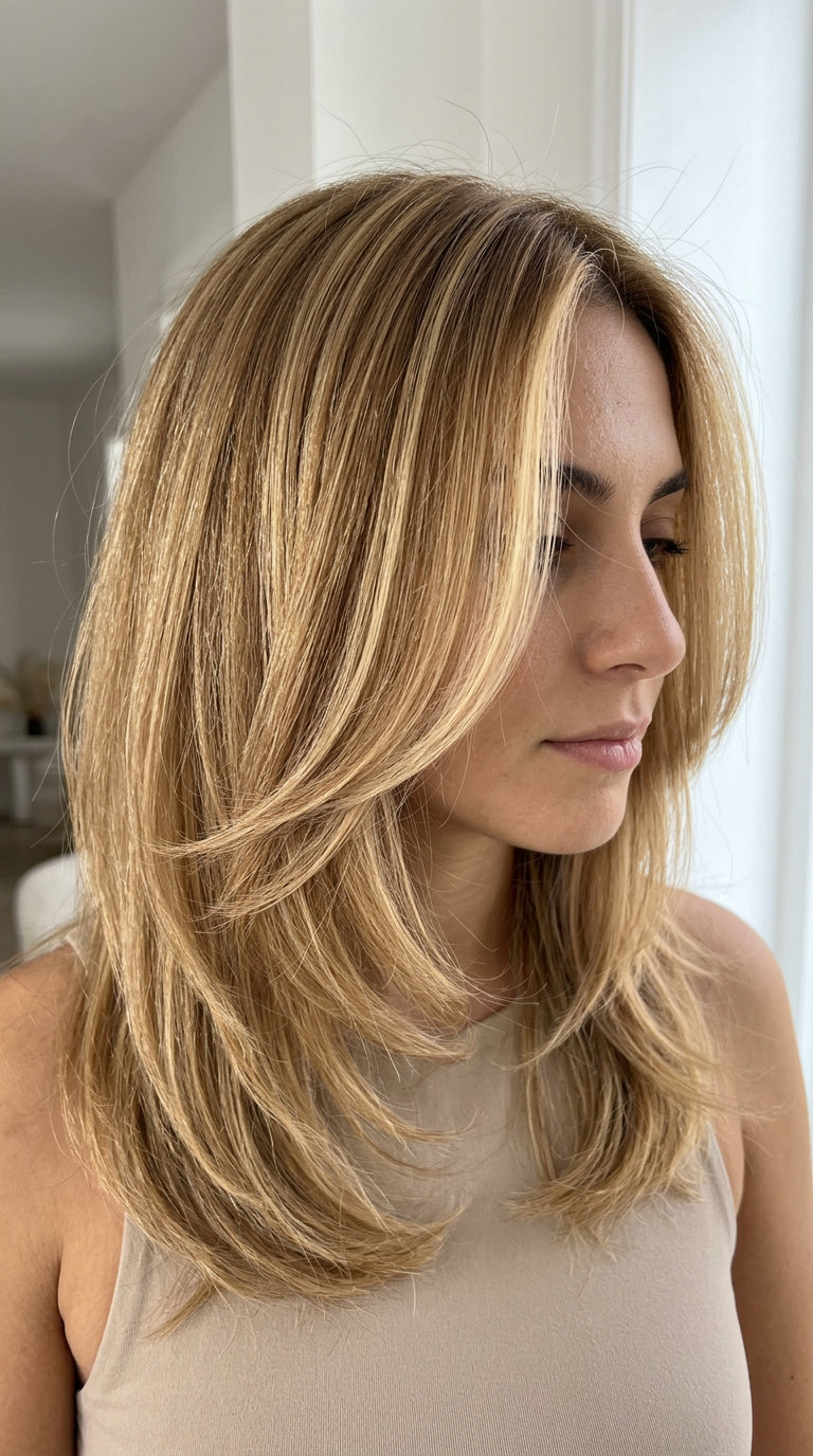 medium-length honey blonde hair with butter-gold face-framing highlights and soft layers
