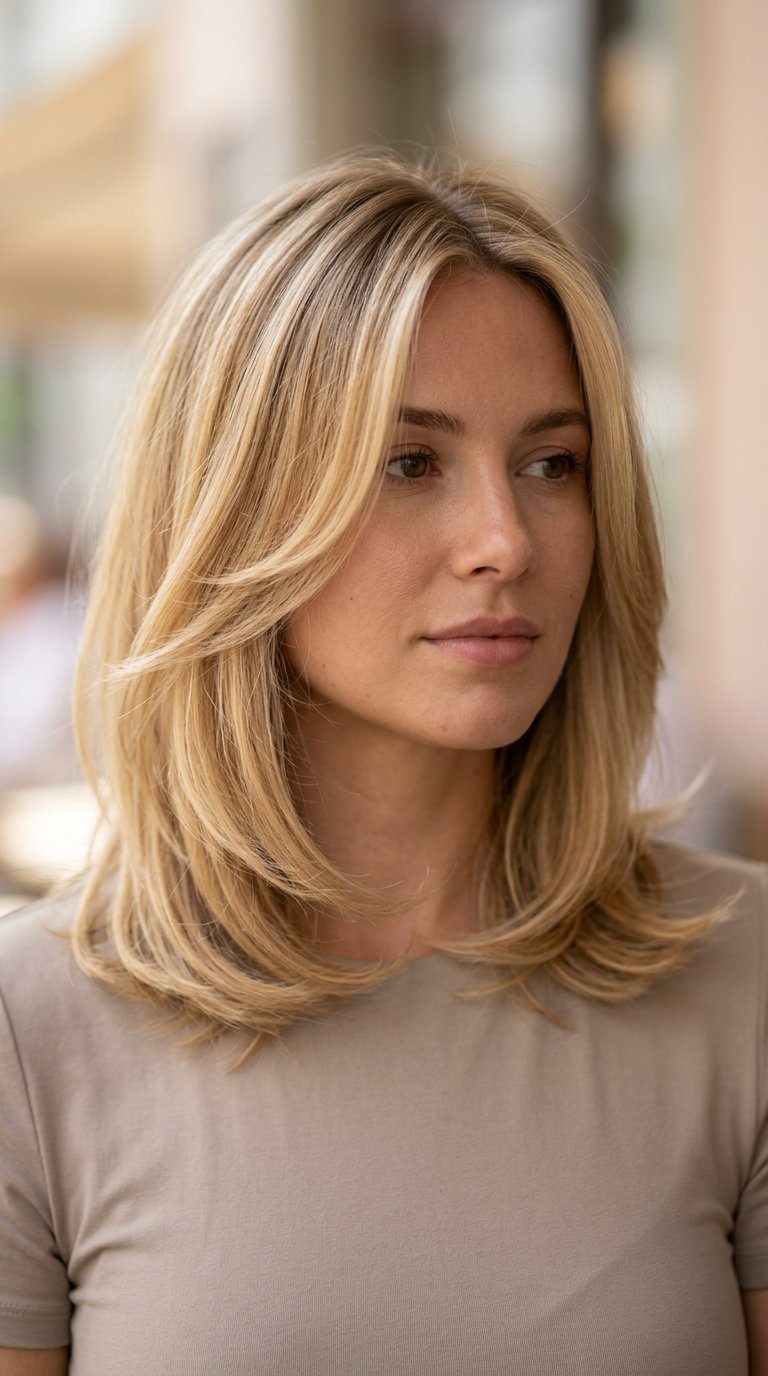 medium lob haircut in warm honey blonde with caramel lowlights, face-framing layers — romantic soft style