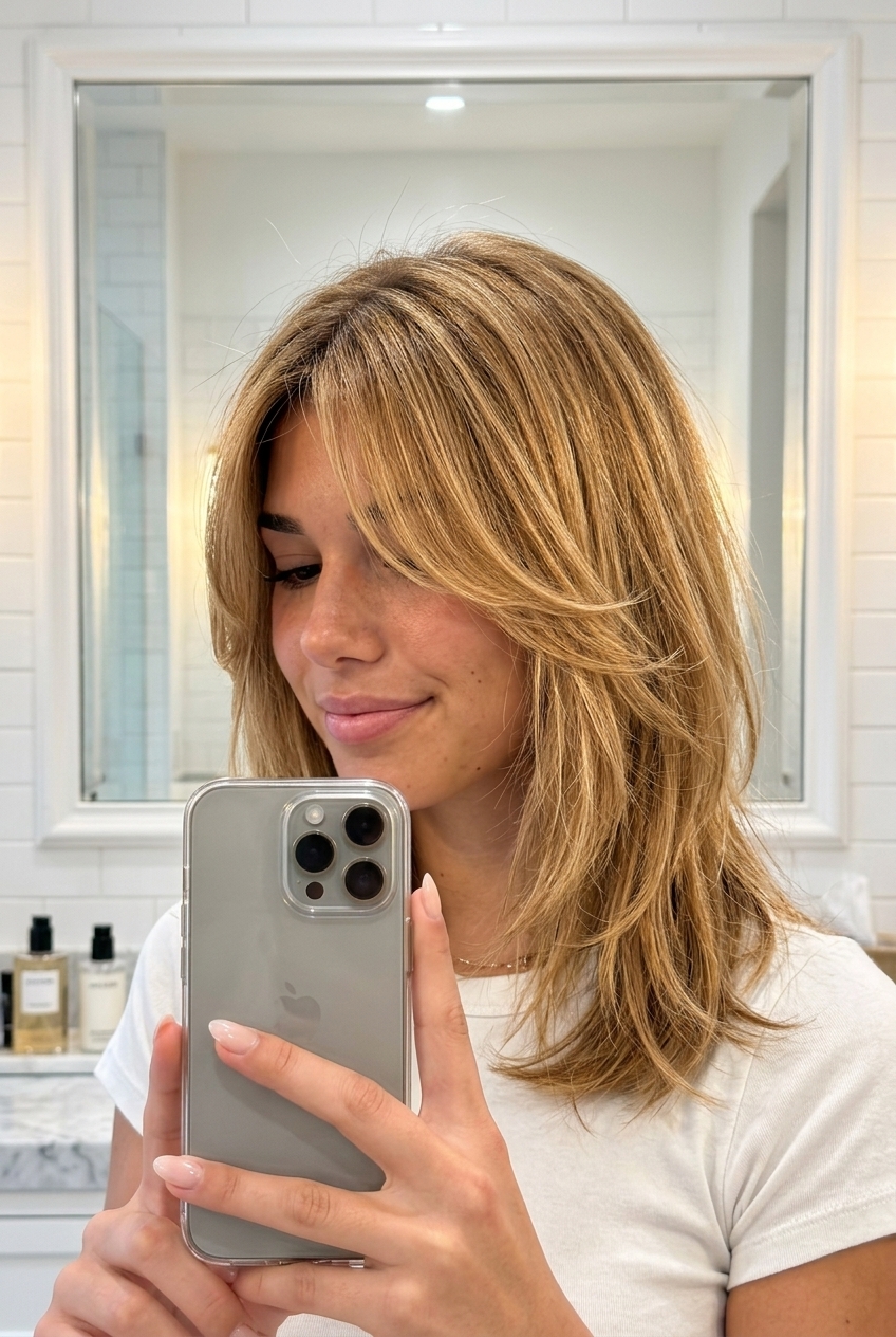 Honey Blonde Midi Shag 2026 mid-length honey blonde shag with golden babylights, natural root and curtain bangs
