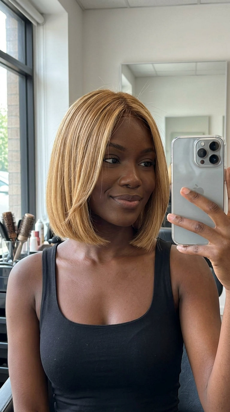 short liquid honey blonde Italian bob with caramel root smudge and blunt perimeter