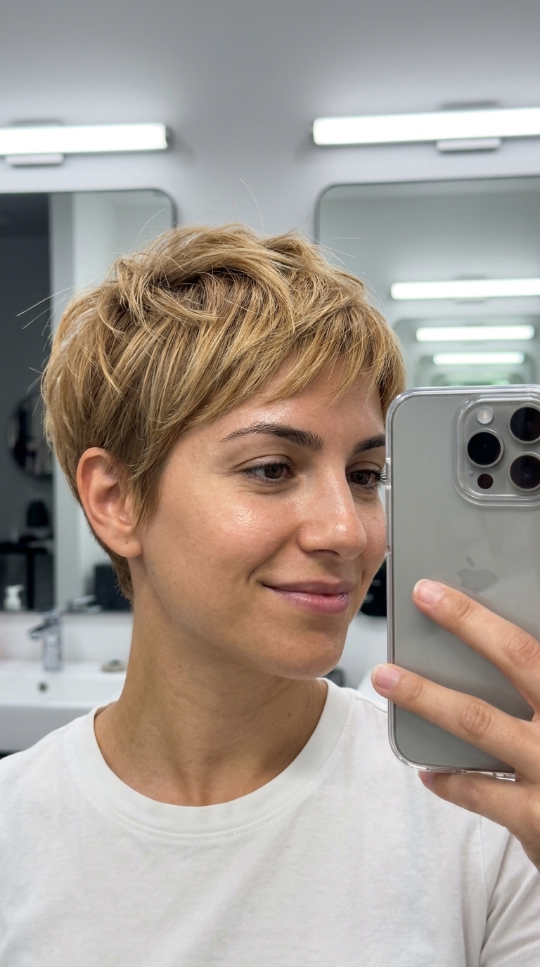 short honey blonde pixie crop with warm golden babylights and soft root smudge for playful style