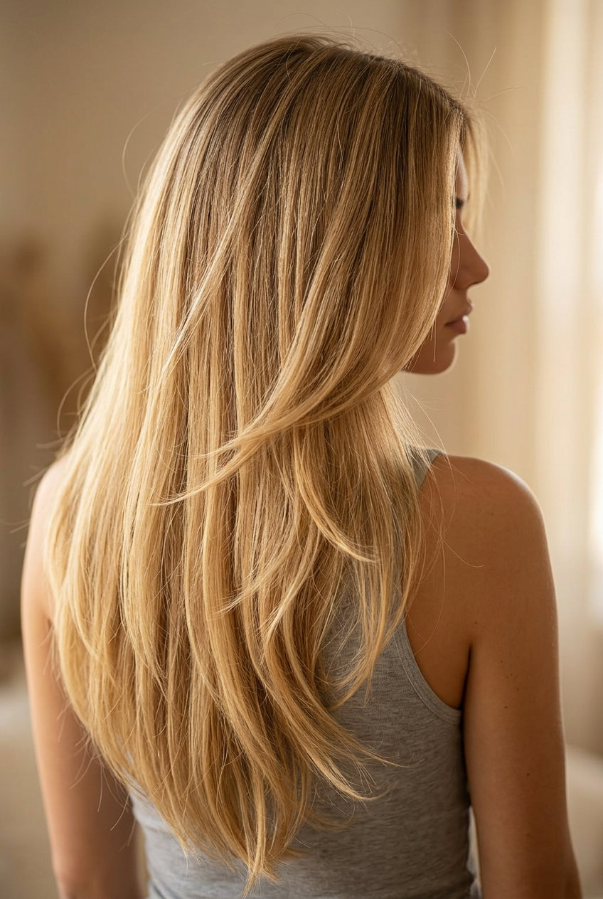 very long layered cut with sun-kissed honey blonde balayage, seamless blend — romantic, ethereal