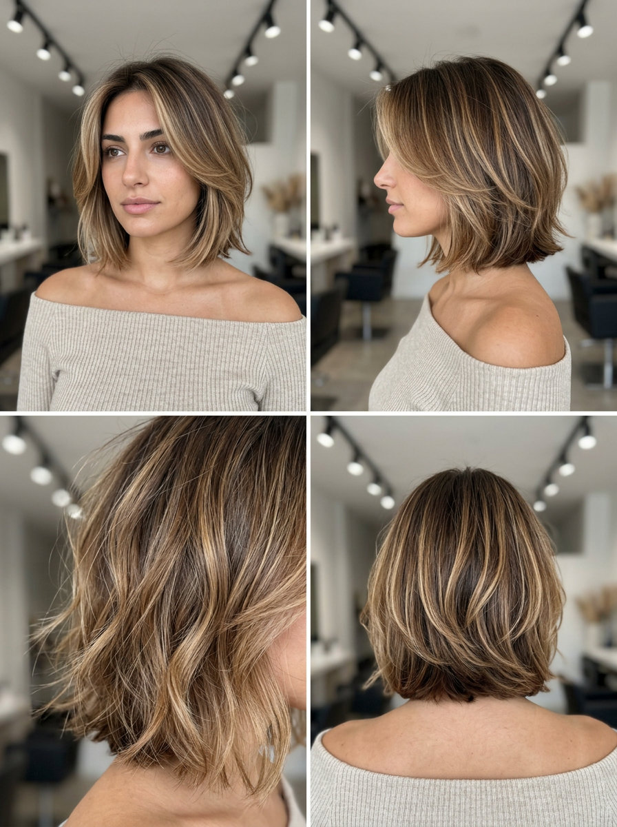 short layered bob with honey caramel balayage and curtain bangs for summer