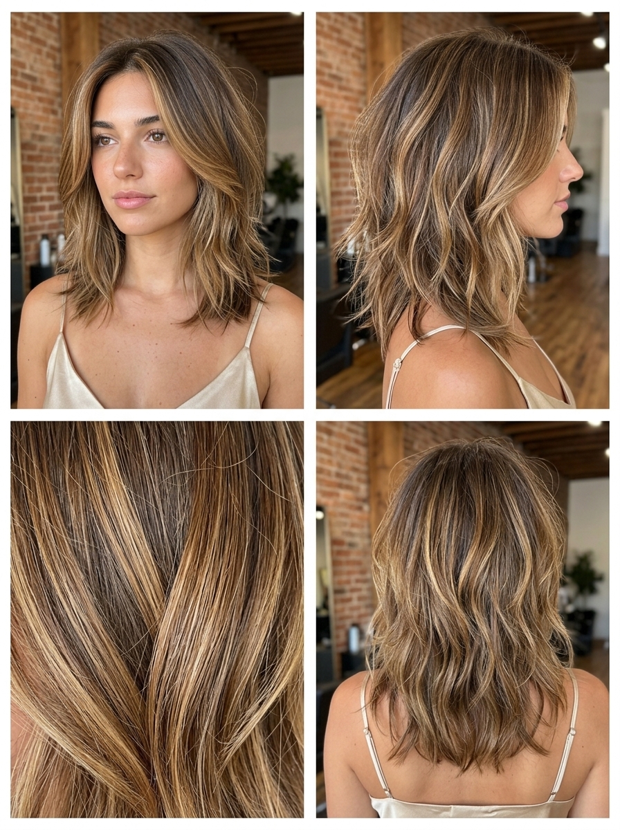 Sun-Kissed Honey Shag 2026 shoulder-length shag haircut with warm honey caramel balayage, sun-kissed highlights for effortless chic