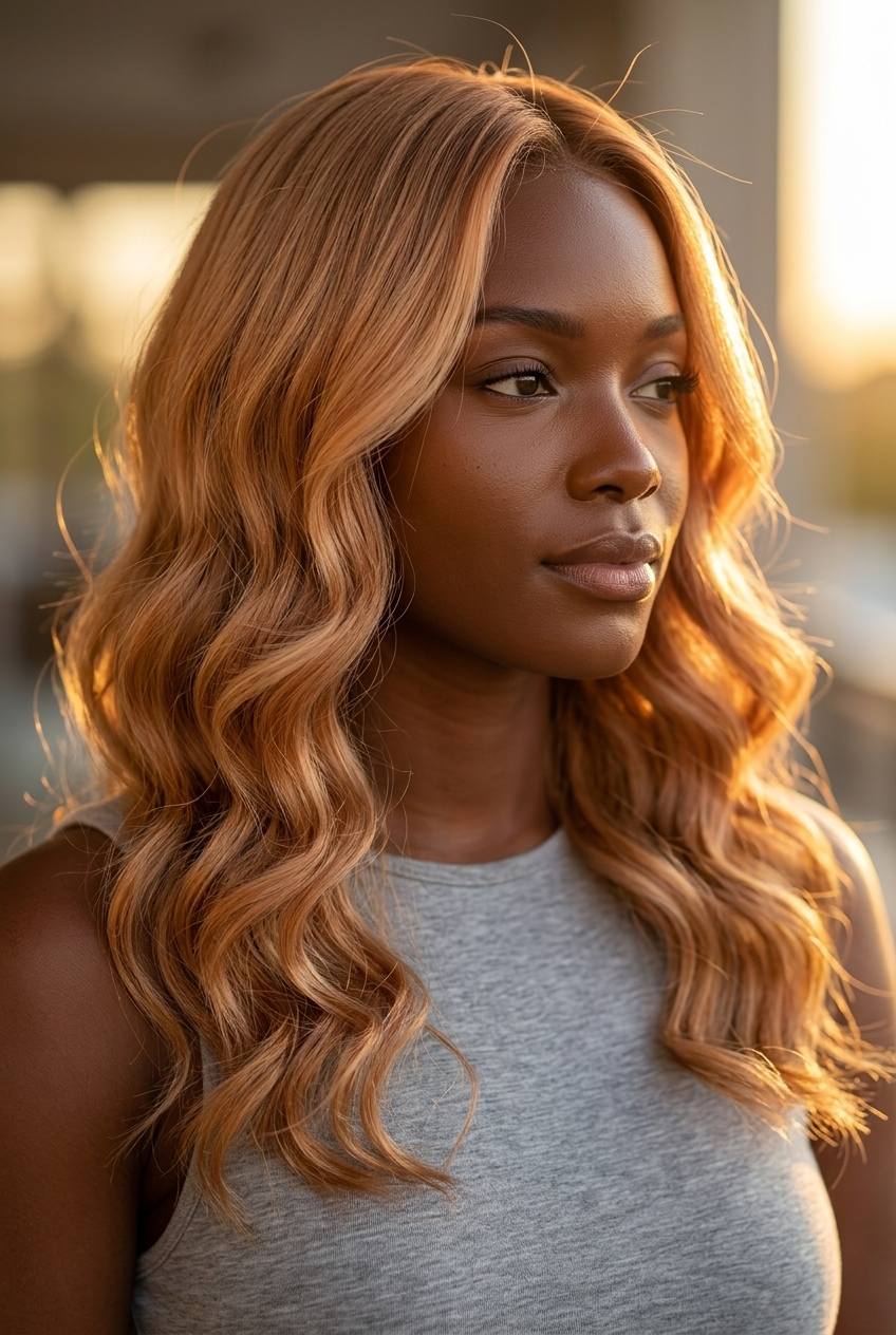 long strawberry blonde foilyage with honey-gold, waterfall layers — glamorous romantic wedding guest