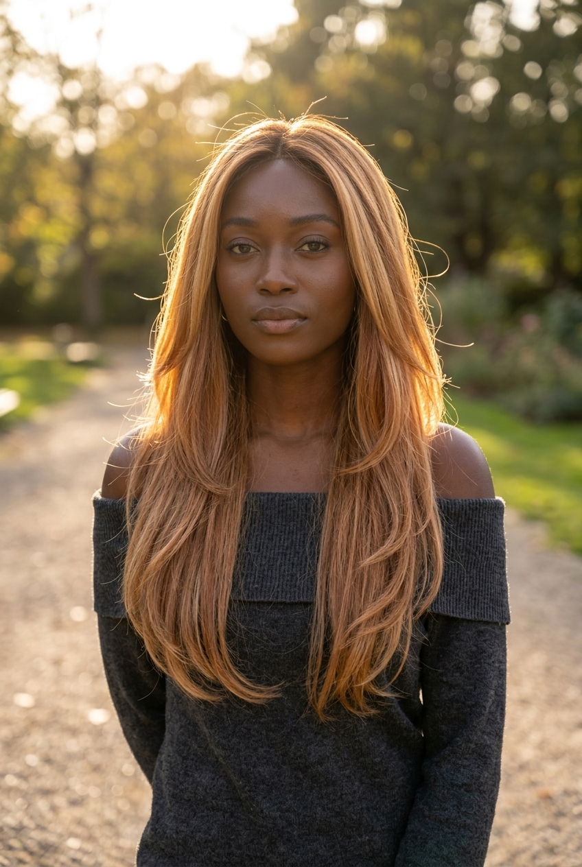 long layered strawberry blonde with honey blonde and copper balayage for a romantic look