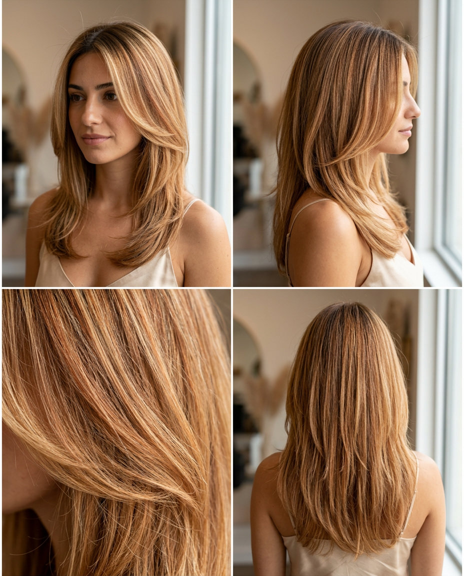 medium-long layered haircut in honey blonde with copper undertones and golden-brown root for wedding guest