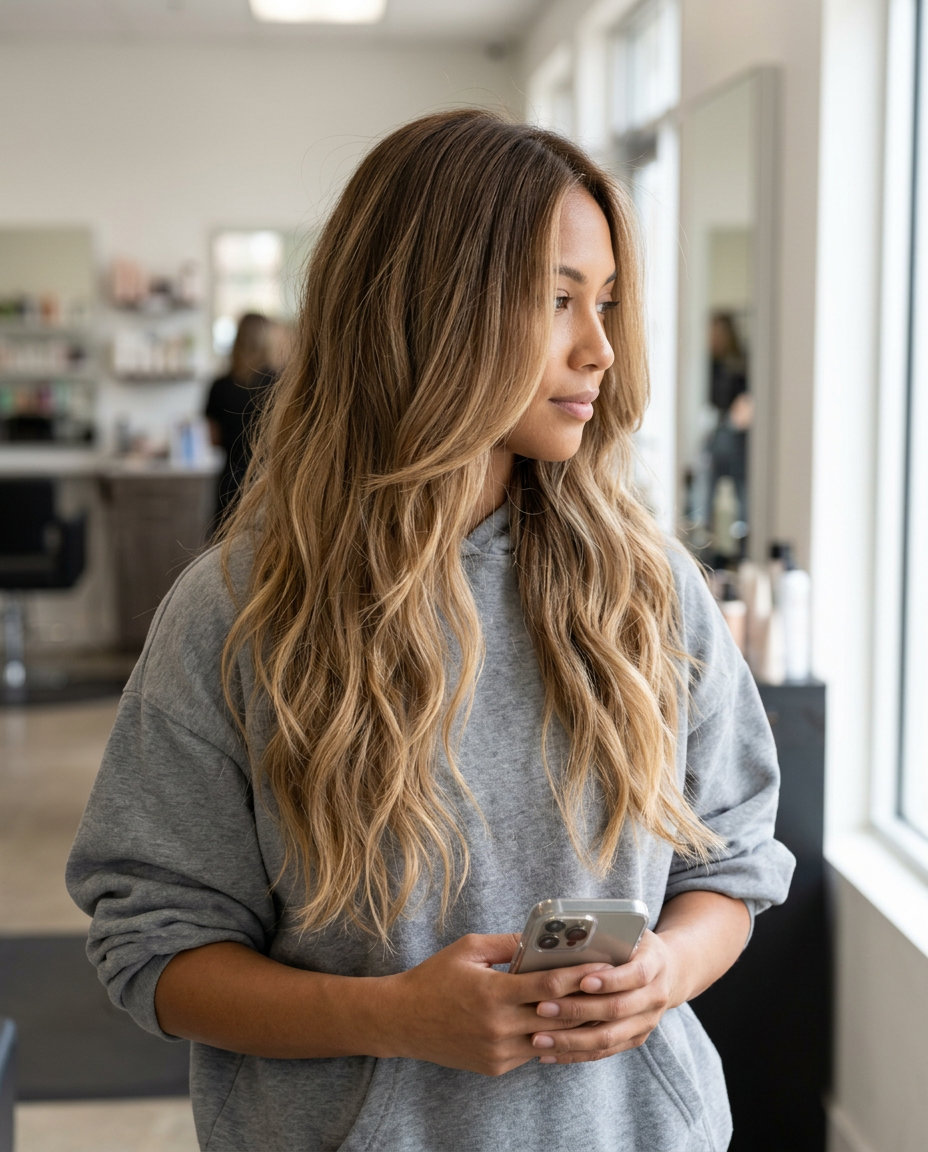 extra-long layered hair ombre with warm brown, honey blonde, creamy blonde, balayage technique for summer