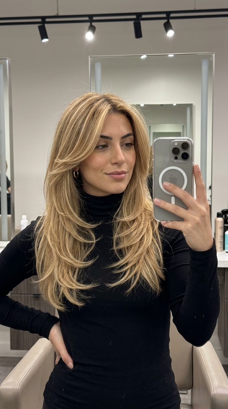 long honey blonde balayage hair with golden caramel babylights and face-framing layers