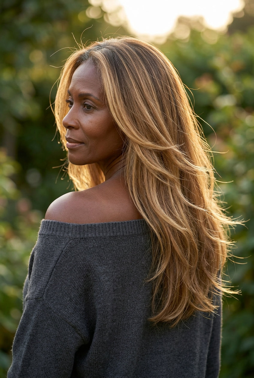 long honey blonde balayage haircut with face-framing layers and point-cut ends, soft waves — romantic garden wedding