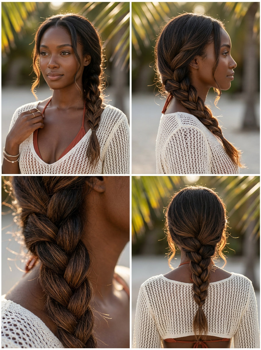 long side braid with honey-glazed pecan balayage, loose texture, face-framing pieces — bohemian casual