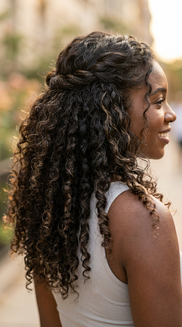 long natural waves with honey-glazed pecan ombre, soft curls, face-framing pieces — romantic date night