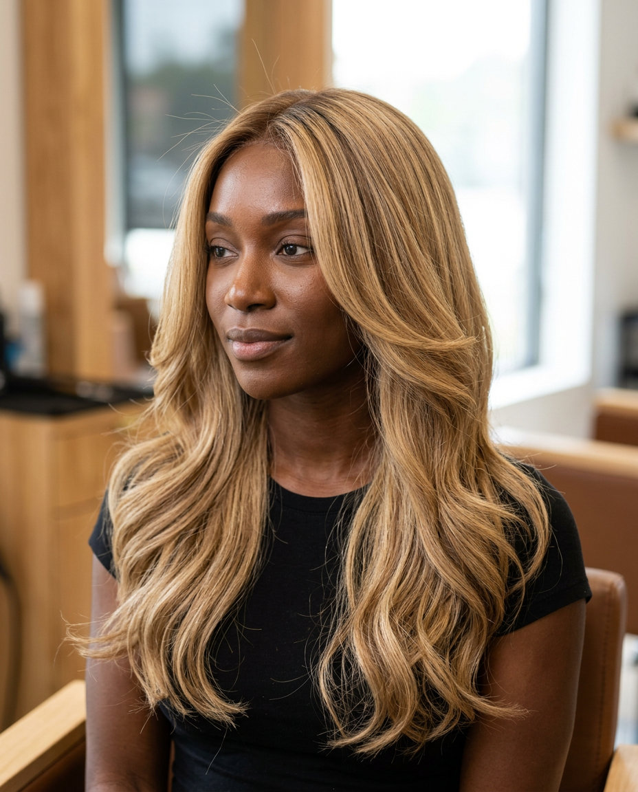 long layered cut with honey wheat blonde foilayage and natural root, soft U-shape — romantic, effortless