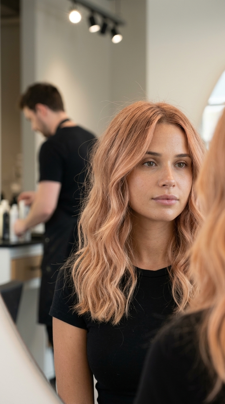 long lived-in honeyed peach strawberry blonde with balayage and root melt for a playful weekend