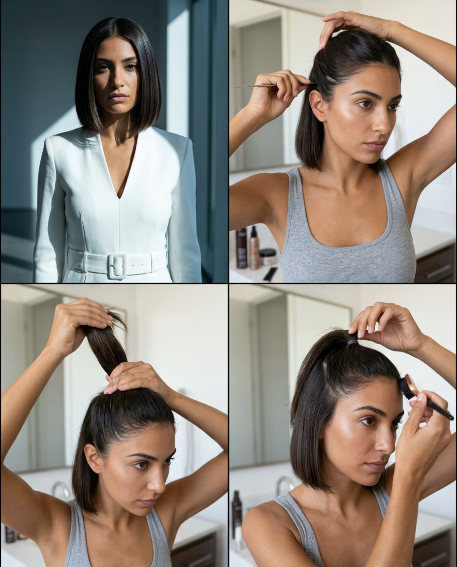 chin-length blunt bob half up half down with iced espresso color, sleek for professional event