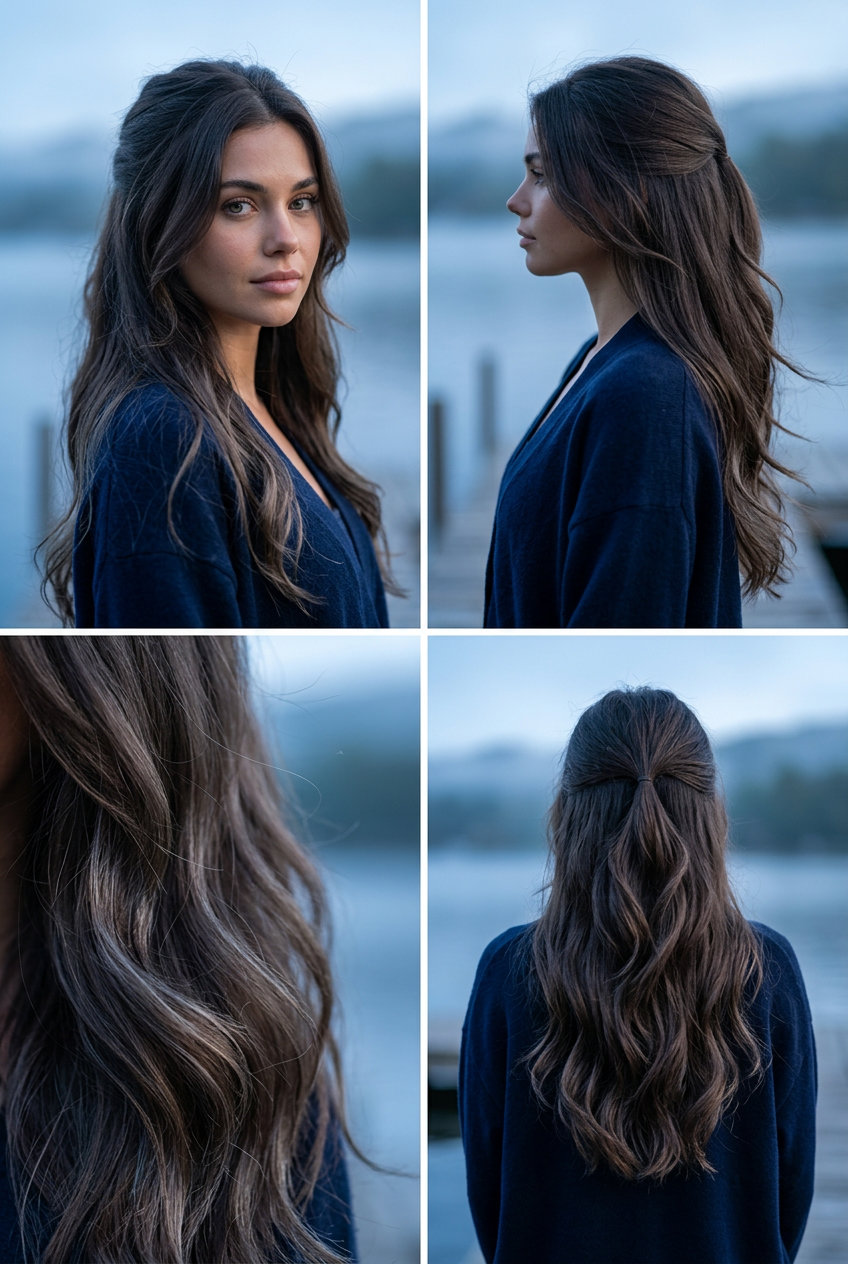long layered half up half down with iced espresso color, soft waves for weekend casual