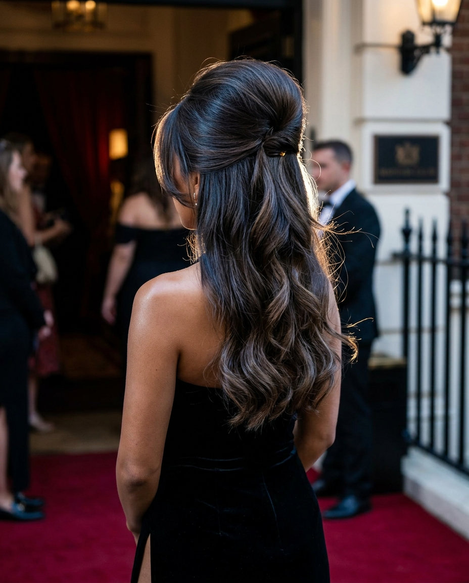 medium-long deep cool brunette pixie haircut with blue undertones, bouffant volume, face-framing layers — glamorous formal event