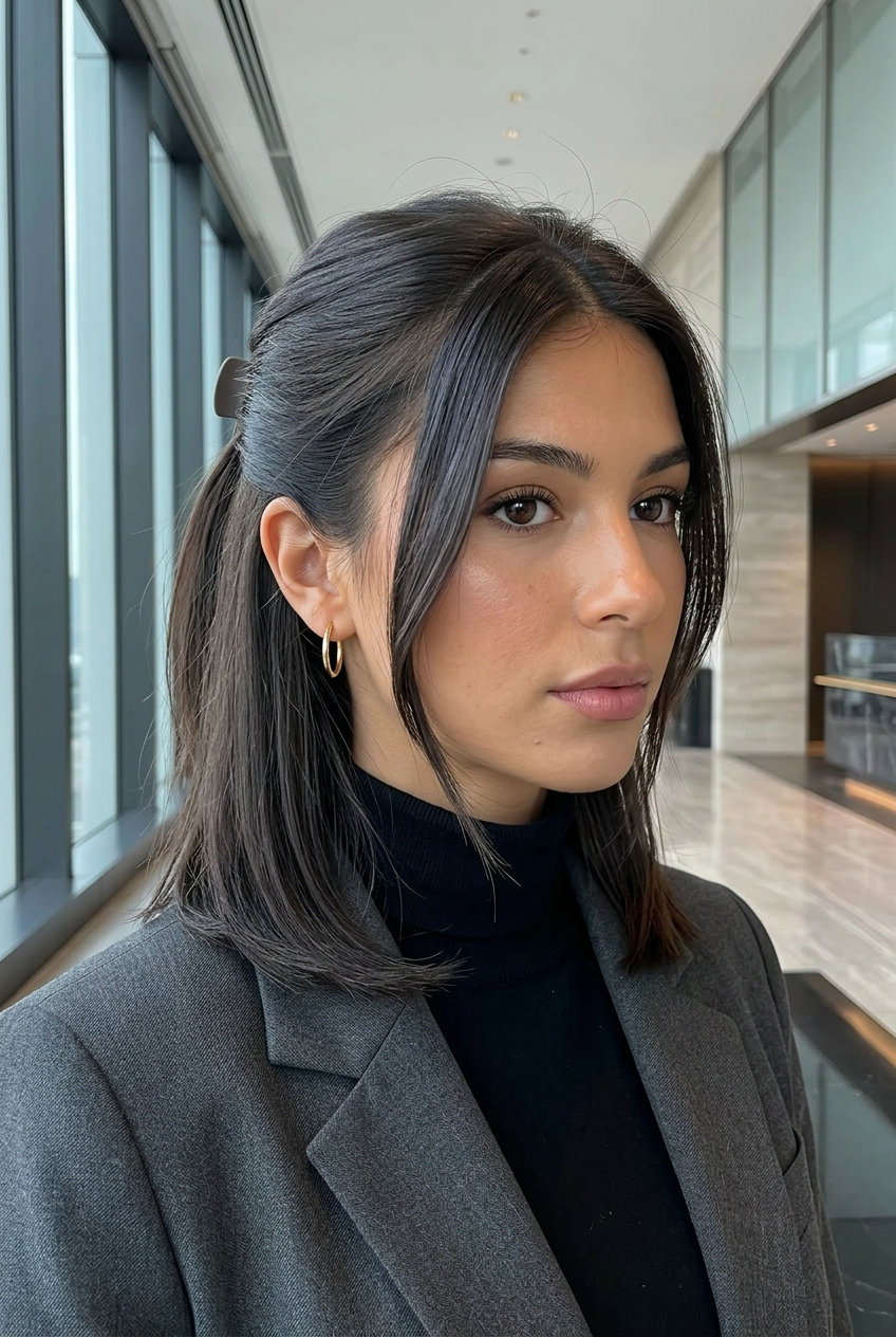 shoulder-length lob half up half down with iced espresso color, sleek for daily wear