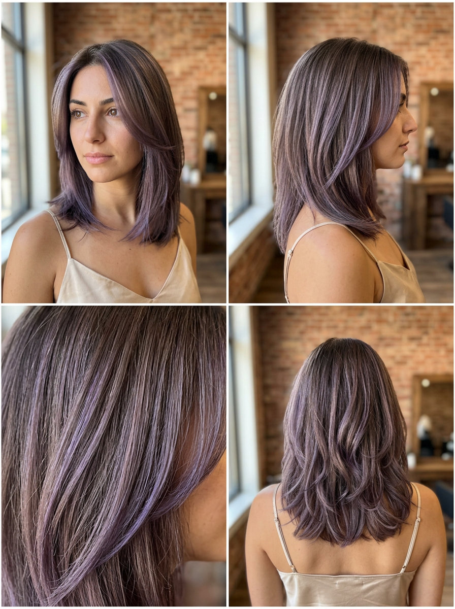 Iced Mushroom Mocha Foilayage 2026 long iced mushroom mocha hair with violet undertones, no fringe — edgy vibrant modern