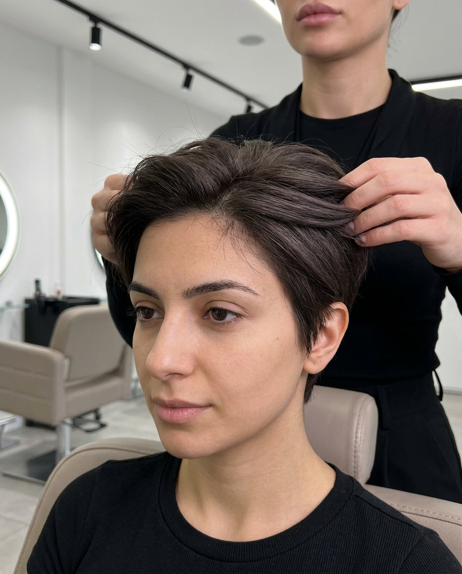 Iced Truffle Pixie Cut 2026 very short iced truffle mushroom brown pixie cut with sculpted layers, no fringe — bold modern minimalist