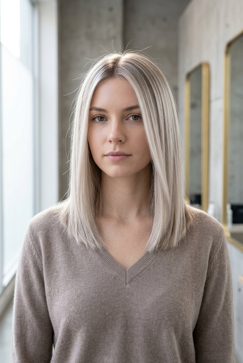 short icy birch babylights with cool blonde tone, root smudge — chic, minimalist