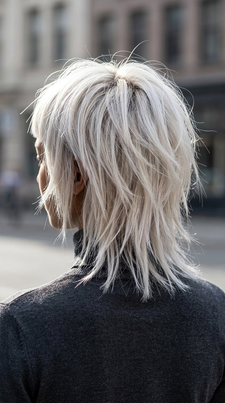 Arctic Platinum Shag 2026 collarbone-length textured shag haircut in icy platinum blonde with micro-fringe and choppy layers