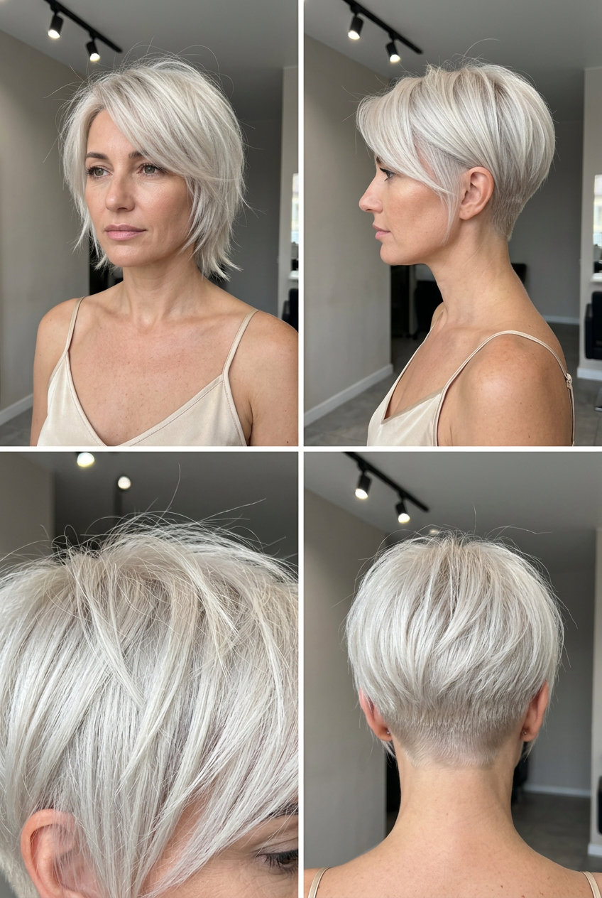 short bixie haircut with icy platinum blonde color and razored layers for an edgy look