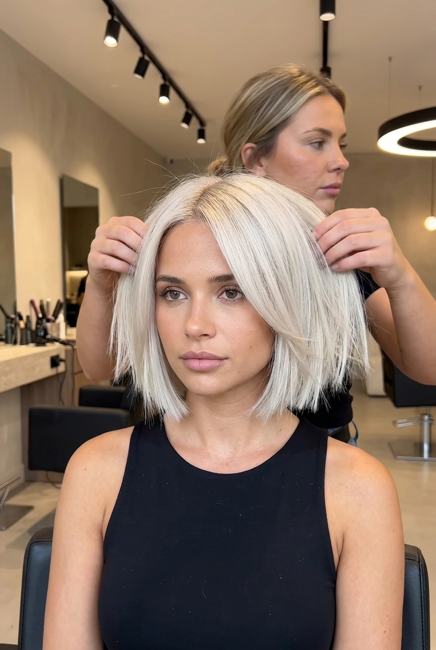 Icy Platinum Choppy Bob 2026 short choppy bob haircut with icy platinum blonde, razored ends, and side part for summer 2026