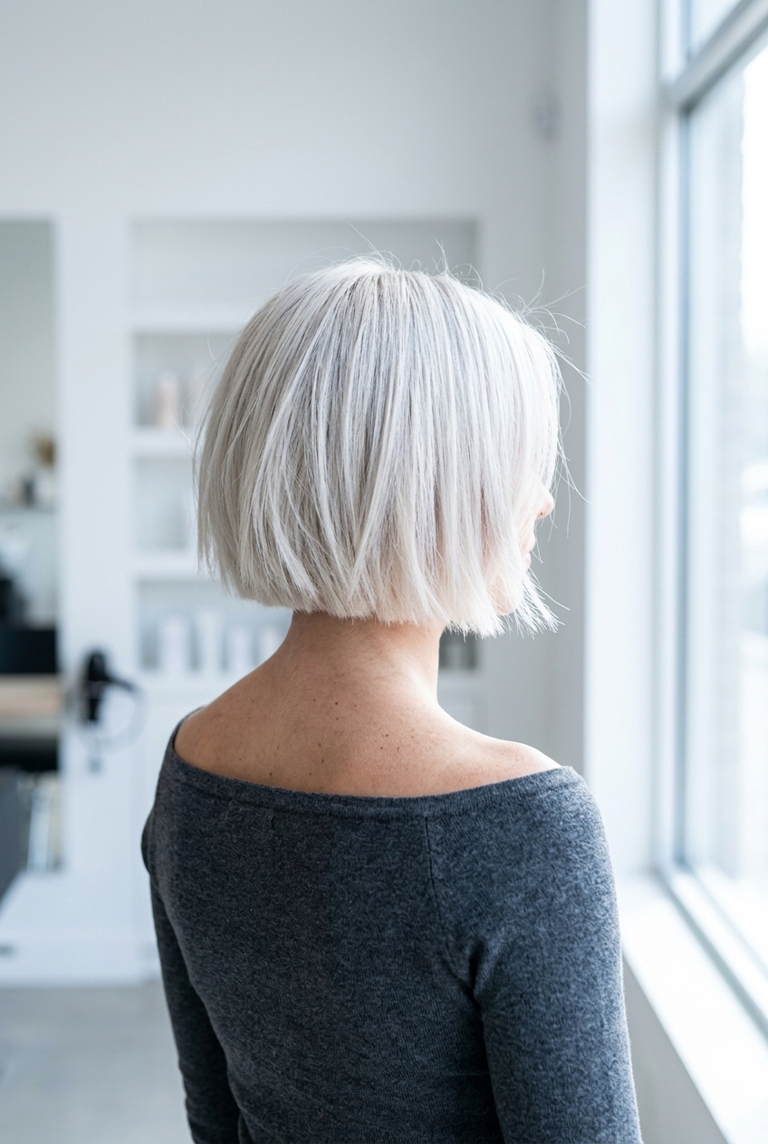 Platinum Scandi-Chop Bob 2026 short choppy bob haircut with icy platinum blonde color, deep point-cutting, no bangs — sleek professional