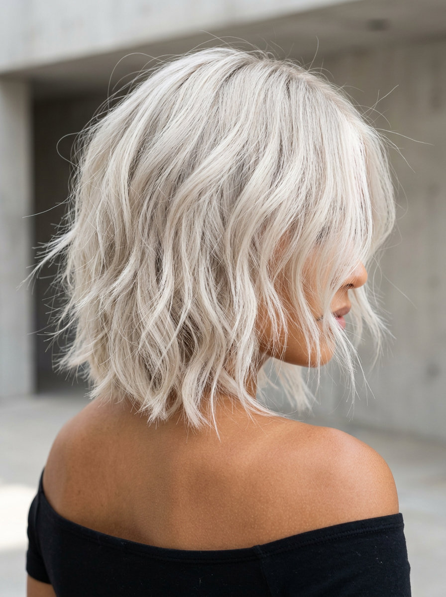 short icy platinum layered haircut with choppy texture and micro-fringe for summer