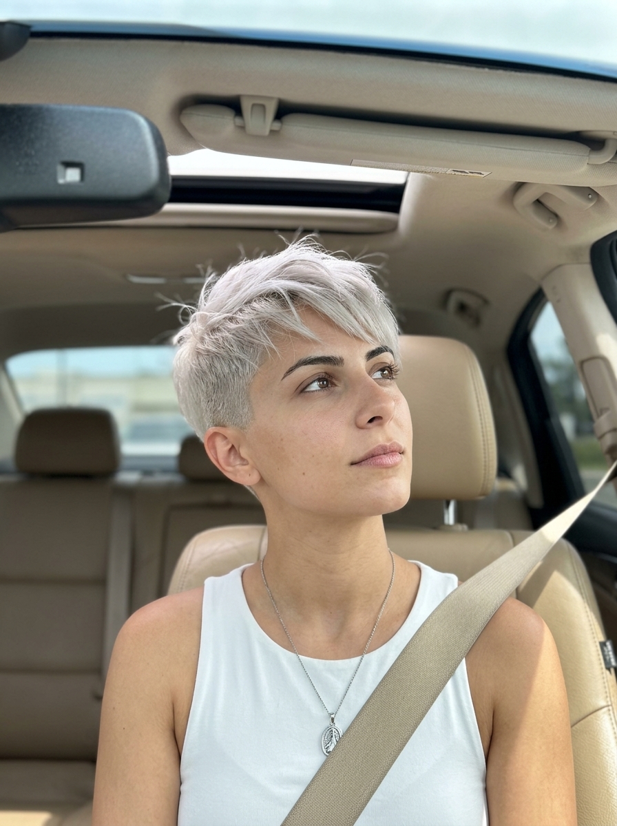 Platinum Edge Pixie 2026 short icy platinum pixie haircut with textured top and fade for summer 2026