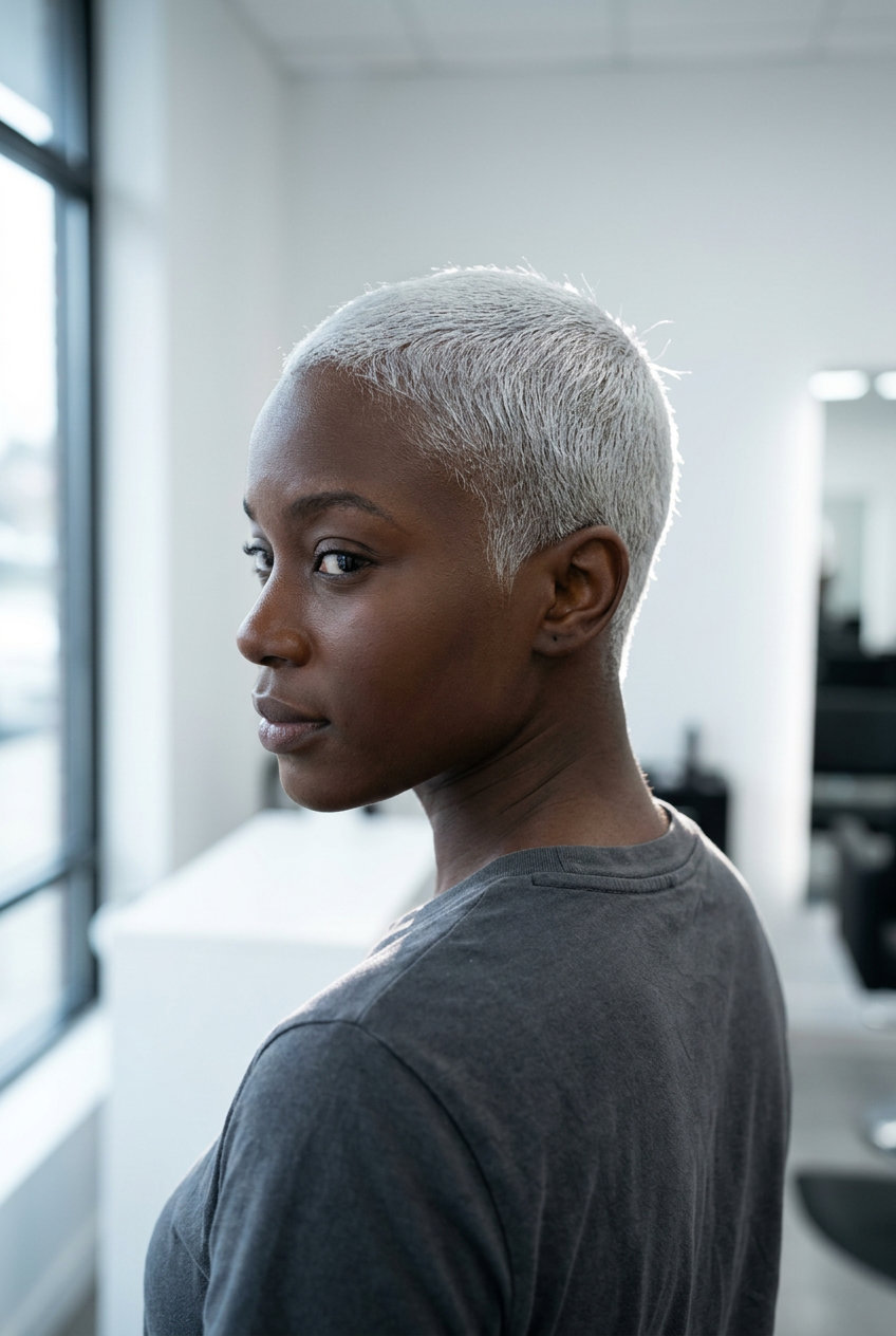 very short icy platinum blonde buzz cut with clean perimeter