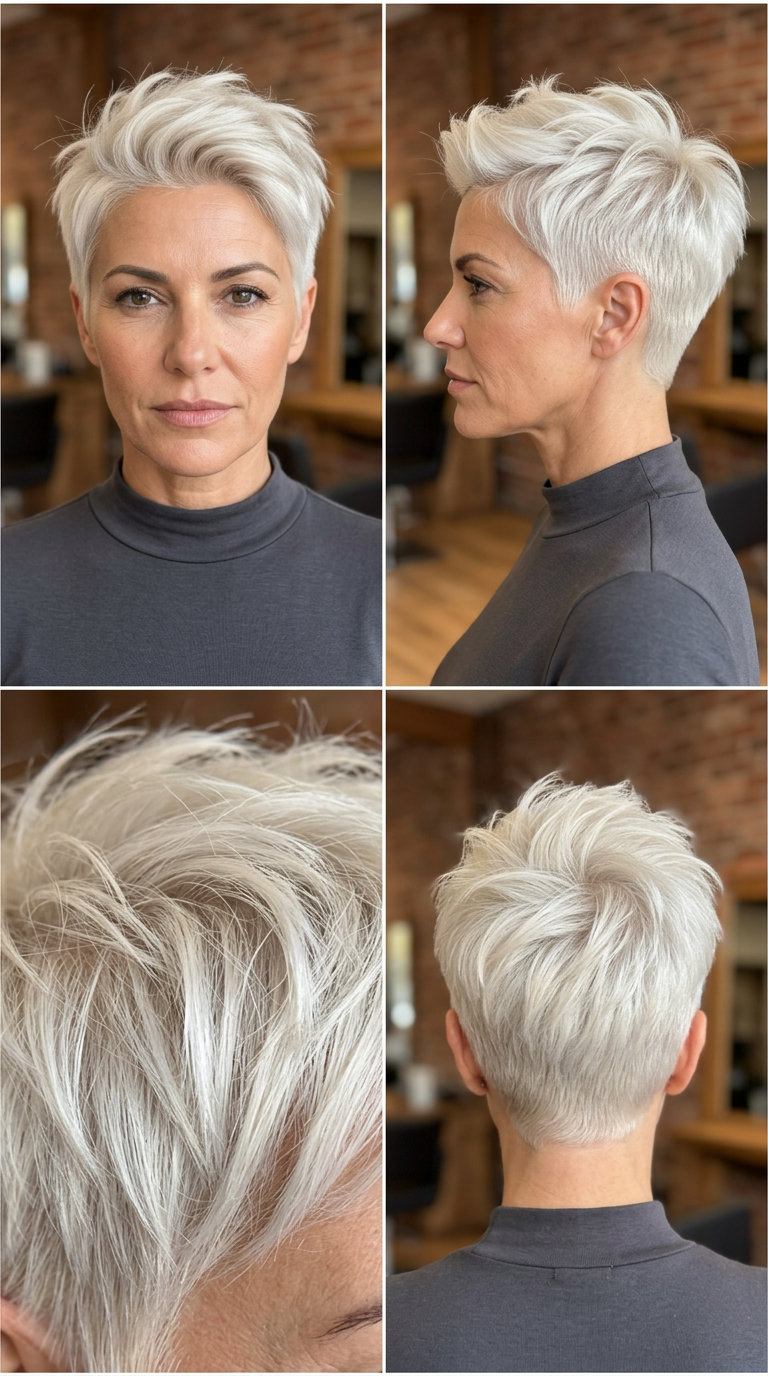 very short crop haircut with icy platinum blonde hair, tapered sides, and textured top for summer