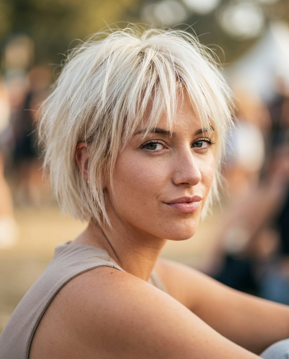 very short french bob haircut with icy platinum blonde color, choppy texture and micro-fringe