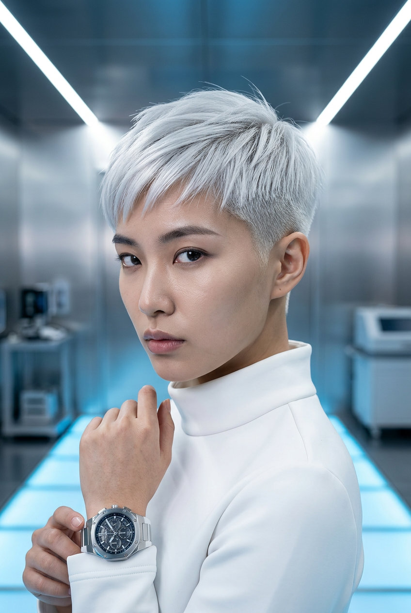 very short pixie haircut in icy platinum blonde with silver, dramatic fade, for summer
