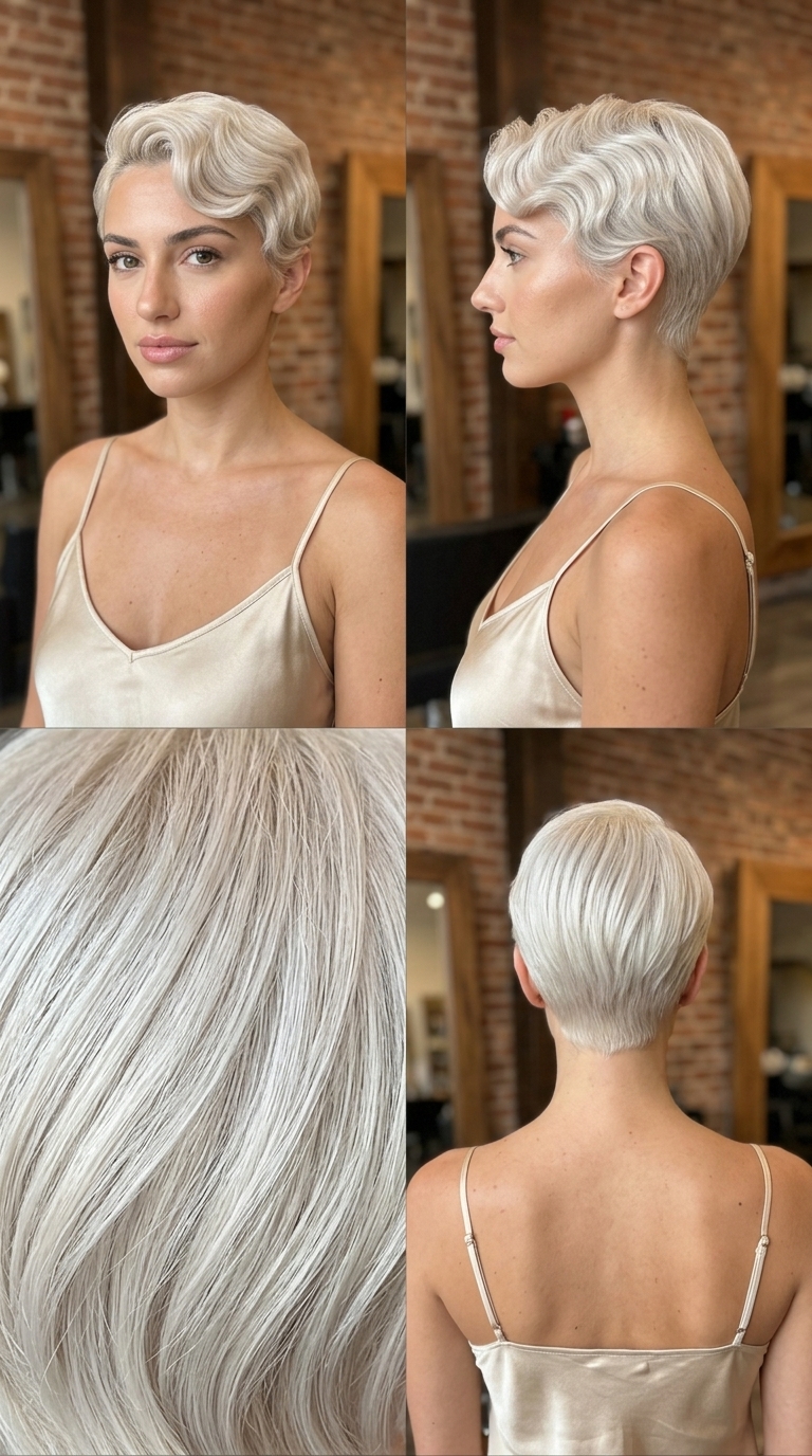 very short pixie haircut in icy platinum blonde, sculpted finger waves, deep side part — glamorous summer