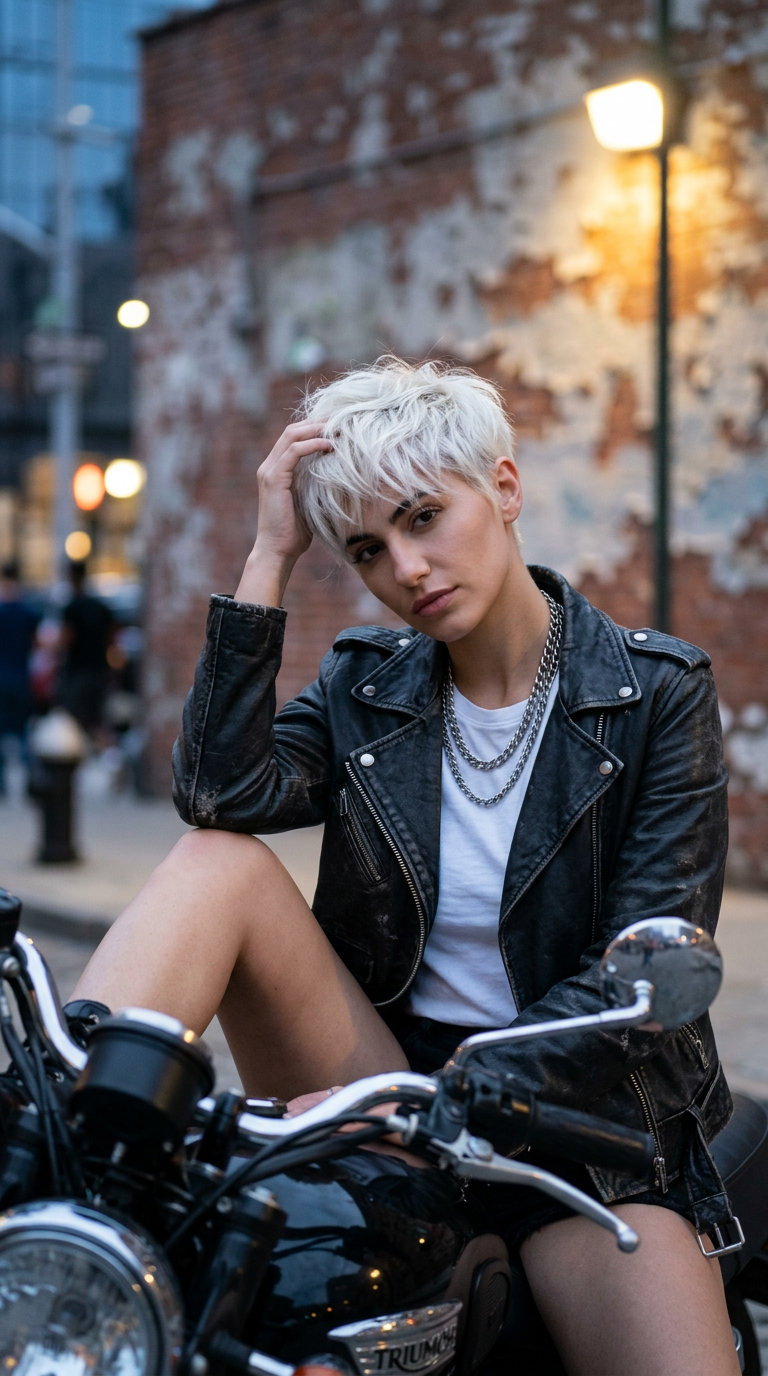 very short pixie haircut in icy platinum blonde with dark root, textured layers, for summer