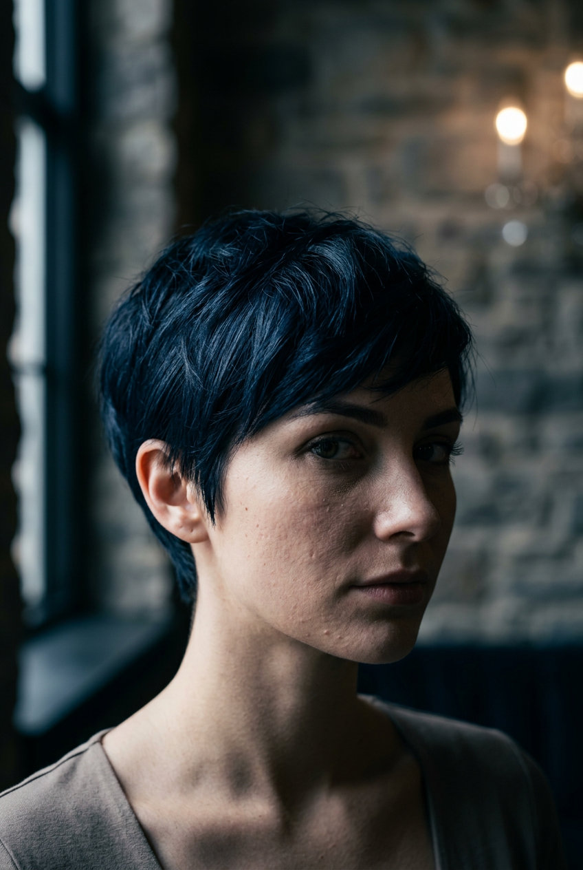 very short pixie haircut in deep indigo blue-black with navy reflections, soft layers, for summer