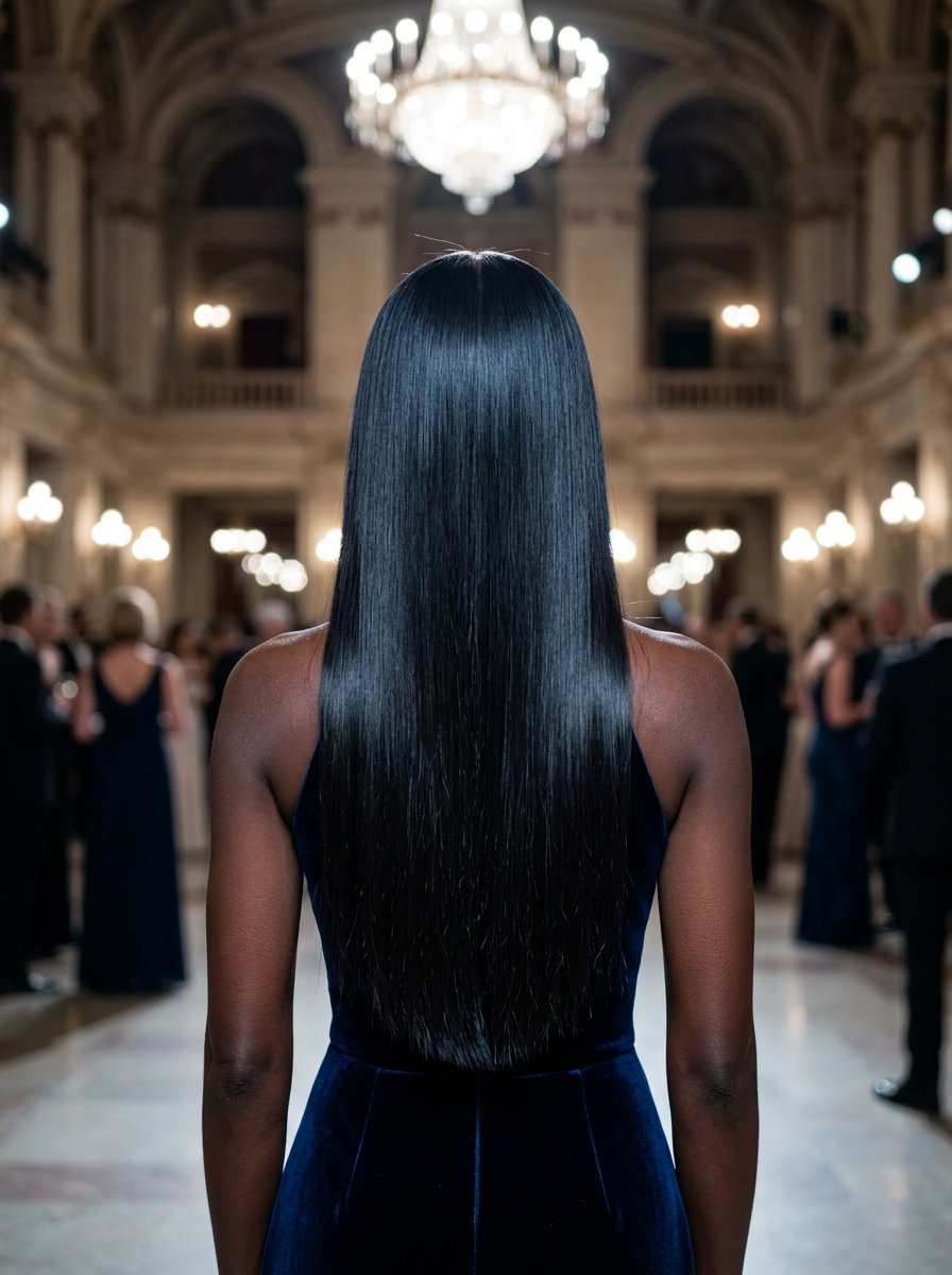 extra-long blunt cut in jet black with cool blue undertones, high gloss finish, no fringe — sophisticated