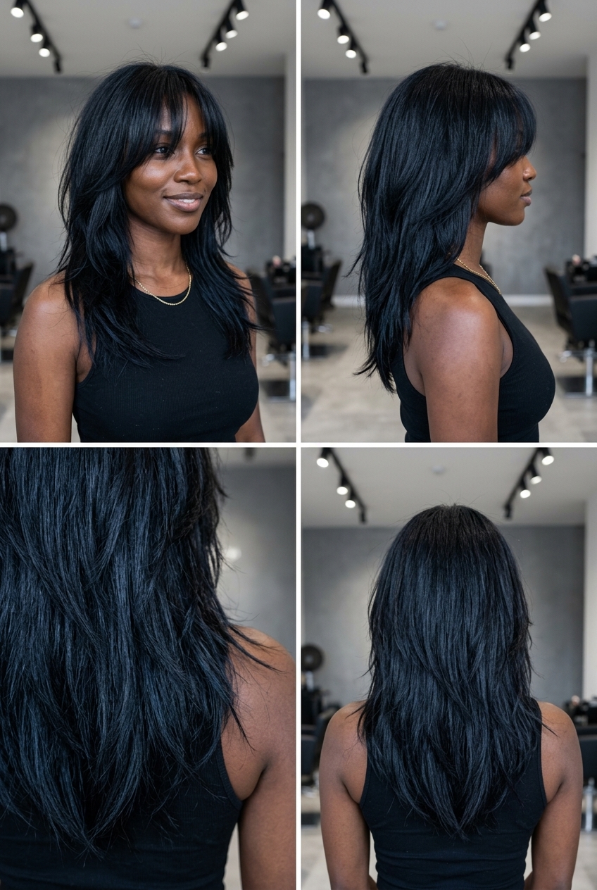 medium-long jet black wolf cut with textured curtain bangs, blue-black undertones for edgy look