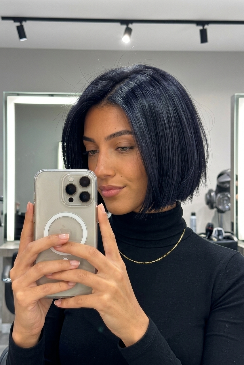 Obsidian Choppy Bob 2026 short choppy bob haircut with jet black color, razored ends, tapered nape — edgy date night